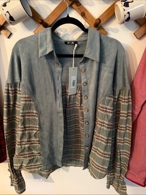 Miss Me NWT Button-Front Plaid Mixed-Media Button Down - Sage Green and Blue